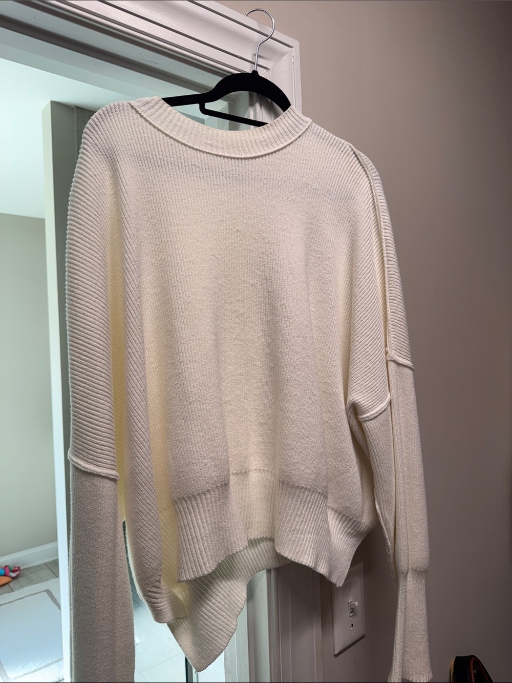Free People Cream Ribbed Crewneck Pullover